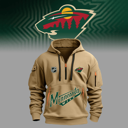 Special Minnesota Wild Hockey Team Khaki Half Zip Hoodie 2024 On Sale