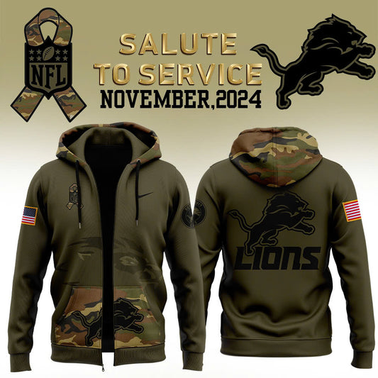 Men Detroit Lions Camo 2024 Salute to Service Club Fleece Pullover Zip Hoodie, Salute to Service 2024