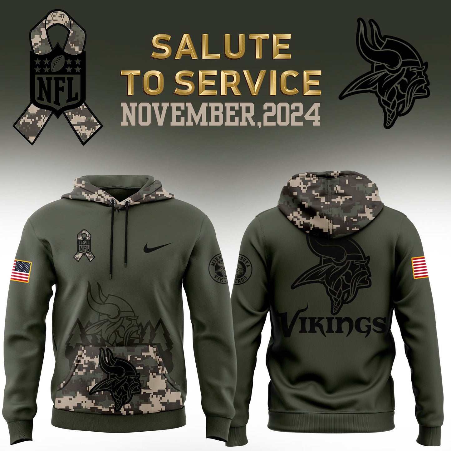 Men Minnesota Vikings Camo 2024 Salute to Service Club Fleece Pullover Hoodie, Salute to Service 2024