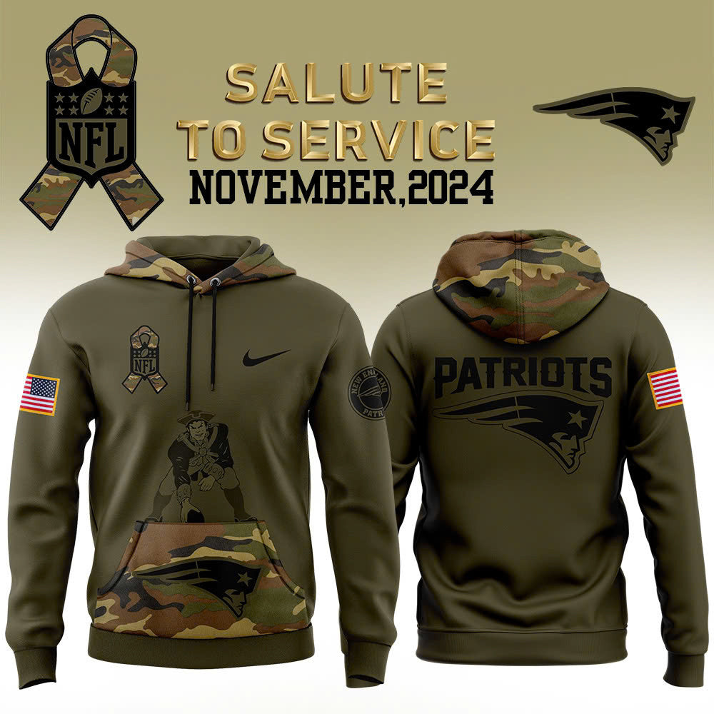 Men New England Patriots Camo 2024 Salute to Service Club Fleece Pullover Hoodie, Salute to Service 2024