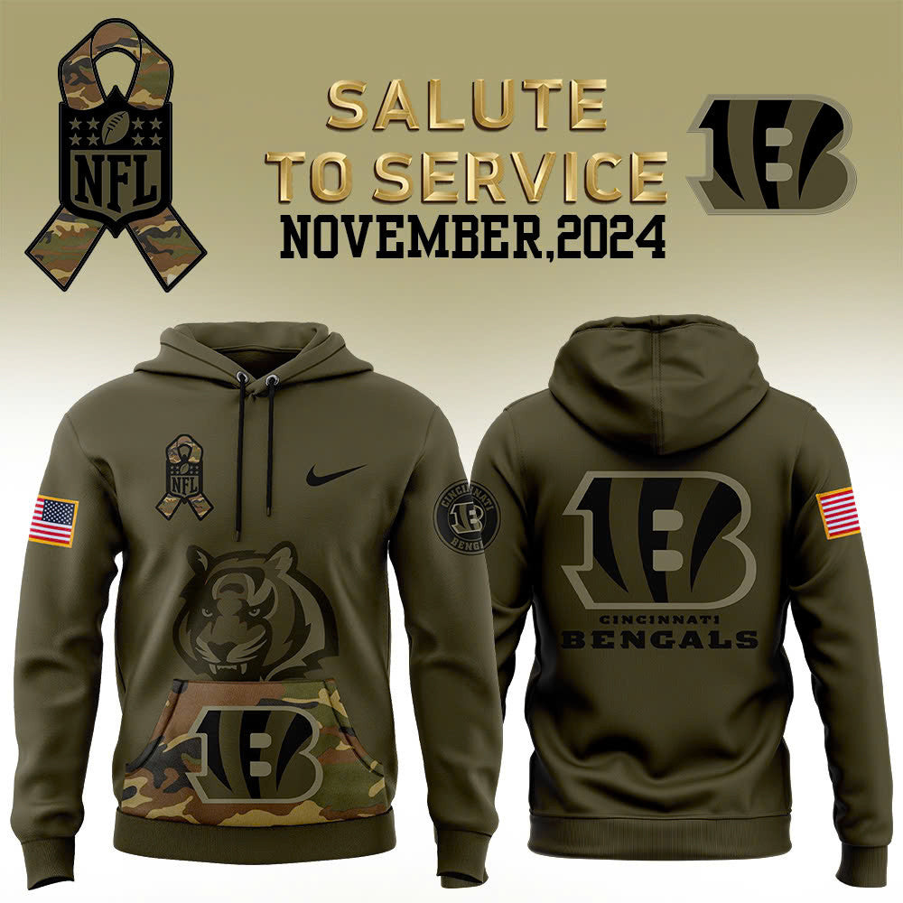 Men Cincinnati Bengals Camo 2024 Salute to Service Club Fleece Pullover Hoodie, Salute to Service 2024