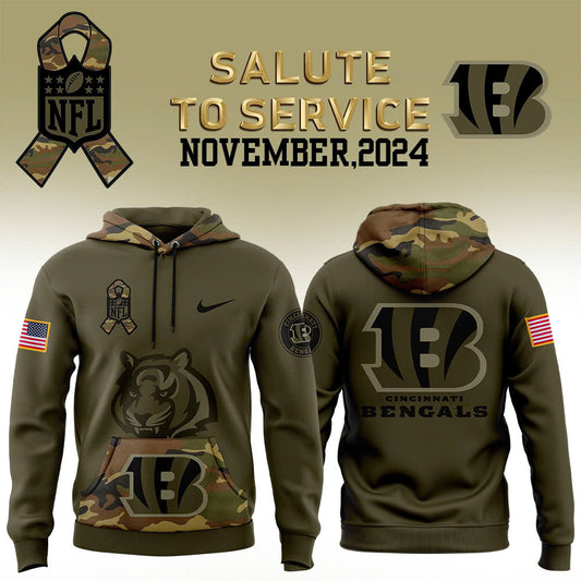 Men Cincinnati Bengals Camo 2024 Salute to Service Club Fleece Pullover Hoodie, Salute to Service 2024