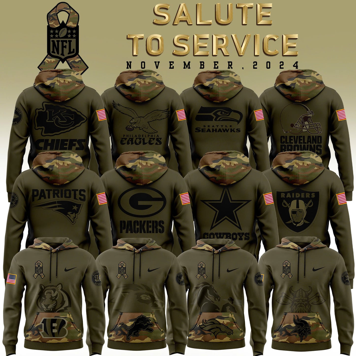 Full Team Camo 2024 Salute to Service Club Fleece Pullover Hoodie, Salute to Service 2024