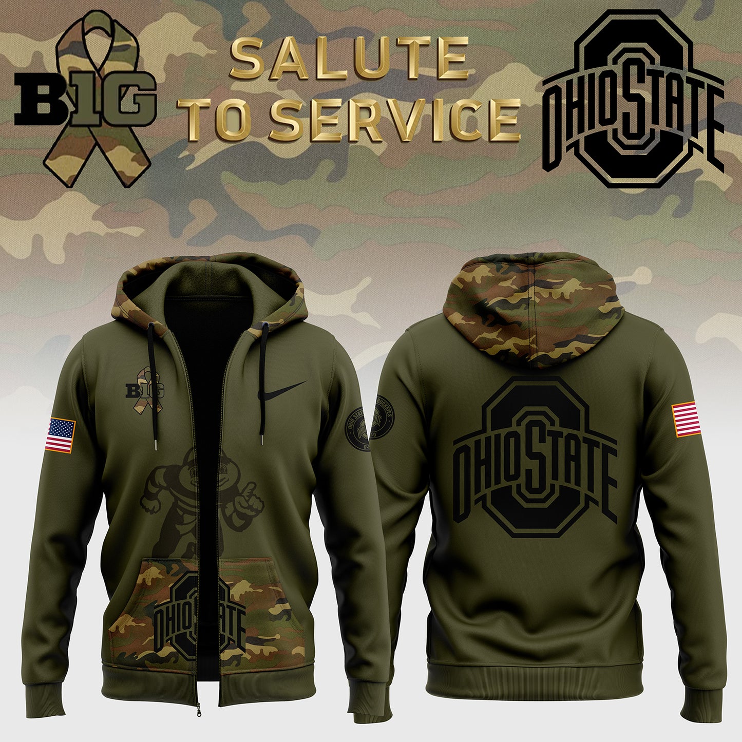 Ohio State Buckeyes Camo 2024 Salute to Service Club Fleece Pullover Zip Hoodie, Salute to Service 2024