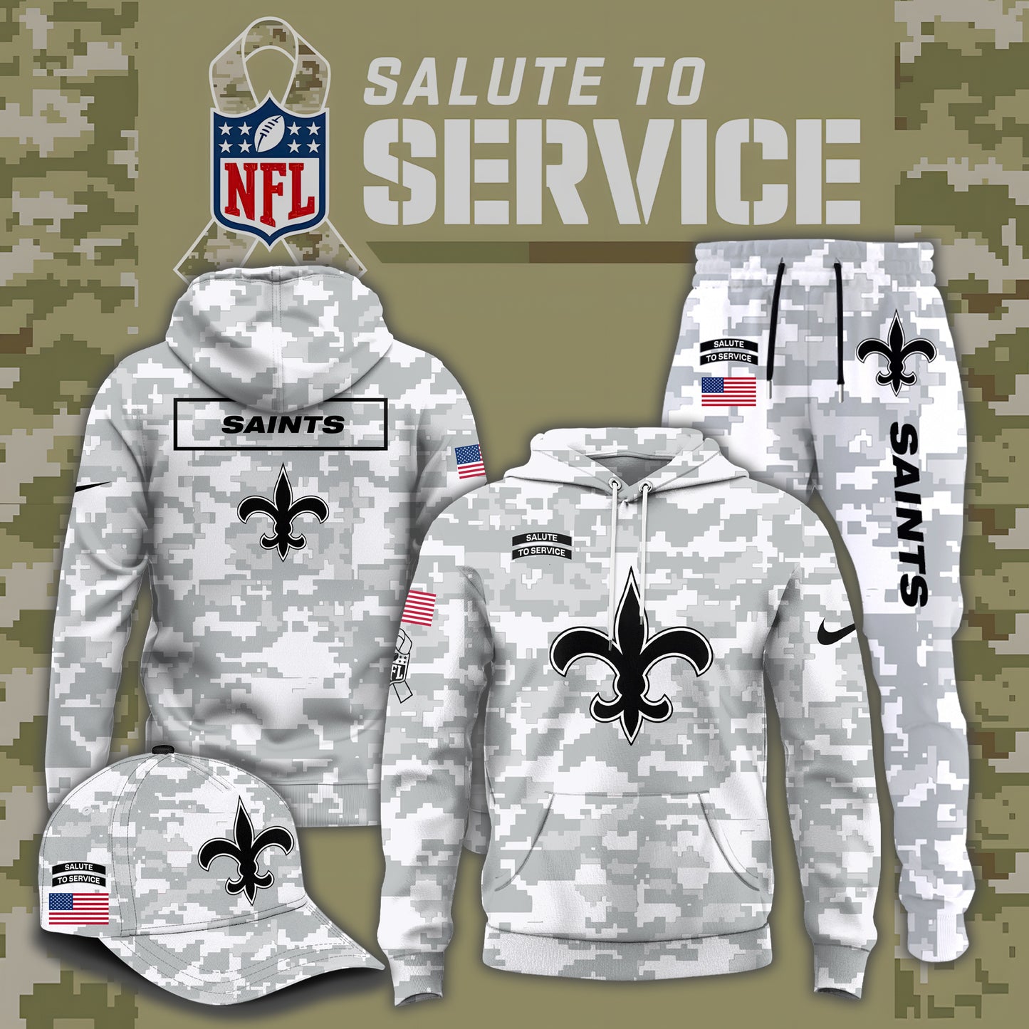 New Orleans Saints 2024 Salute to Service Club Fleece Pullover Hoodie