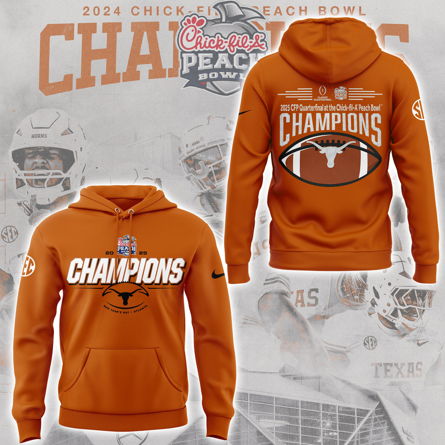 Limited Edition Texas Longhorns College Football Playoff 2025 Peach Bowl Champions Hoodie