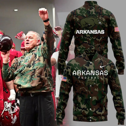 Arkansas Razorbacks Football Coach “Sam Pittman” Camo Bomber Jacket