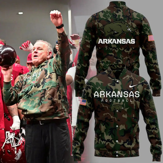 Arkansas Razorbacks Football Coach “Sam Pittman” Camo Bomber Jacket