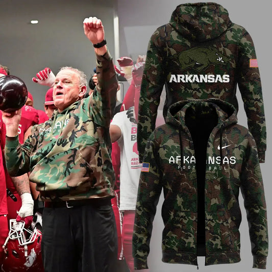 Arkansas Razorbacks Football Coach “Sam Pittman” Camo Zipper Hoodie