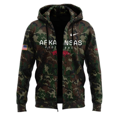 Arkansas Razorbacks Football Coach “Sam Pittman” Camo Zipper Hoodie