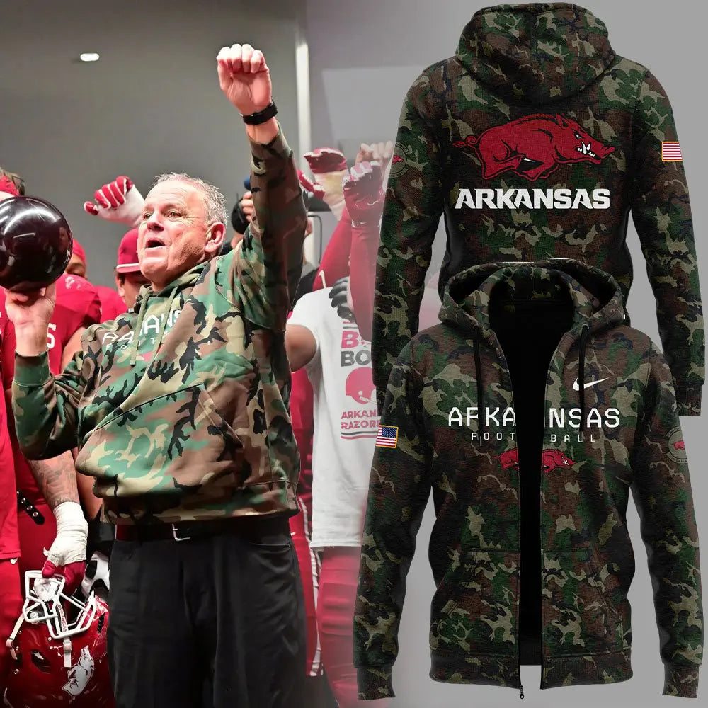 Arkansas Razorbacks Football Coach “Sam Pittman” Camo Zipper Hoodie