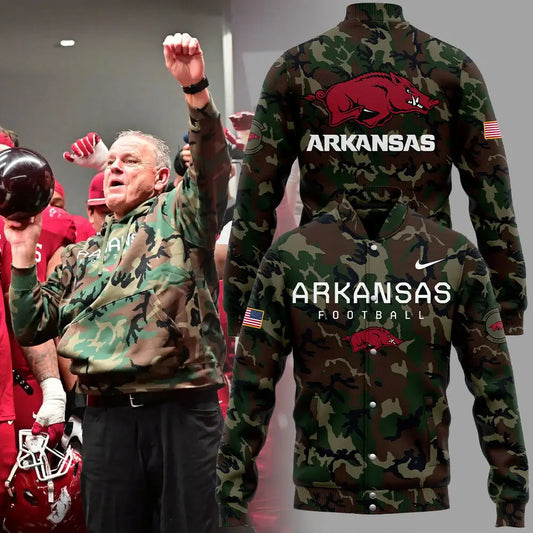 Arkansas Razorbacks Football Coach “Sam Pittman” Camo Bomber Jacket