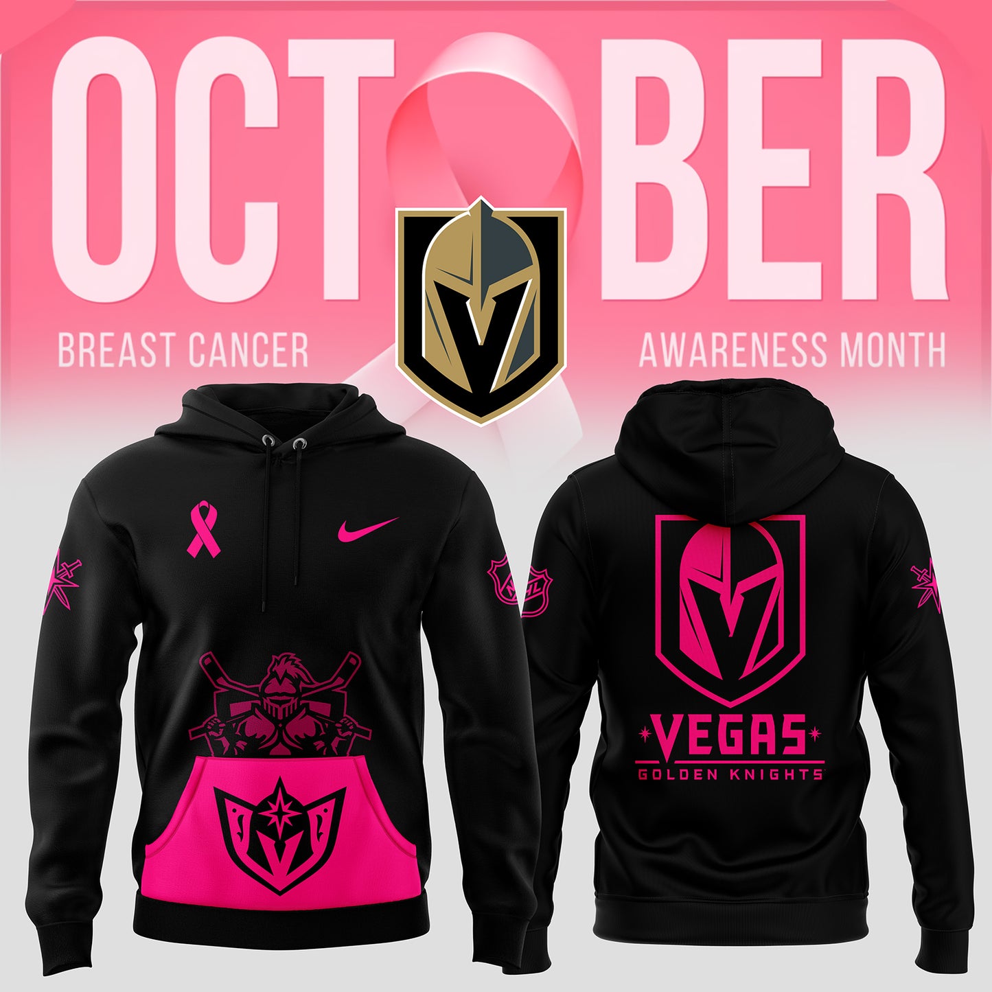 Vegas Golden Knights 2024 NHL Breast Cancer Awareness Month Pullover Hoodie