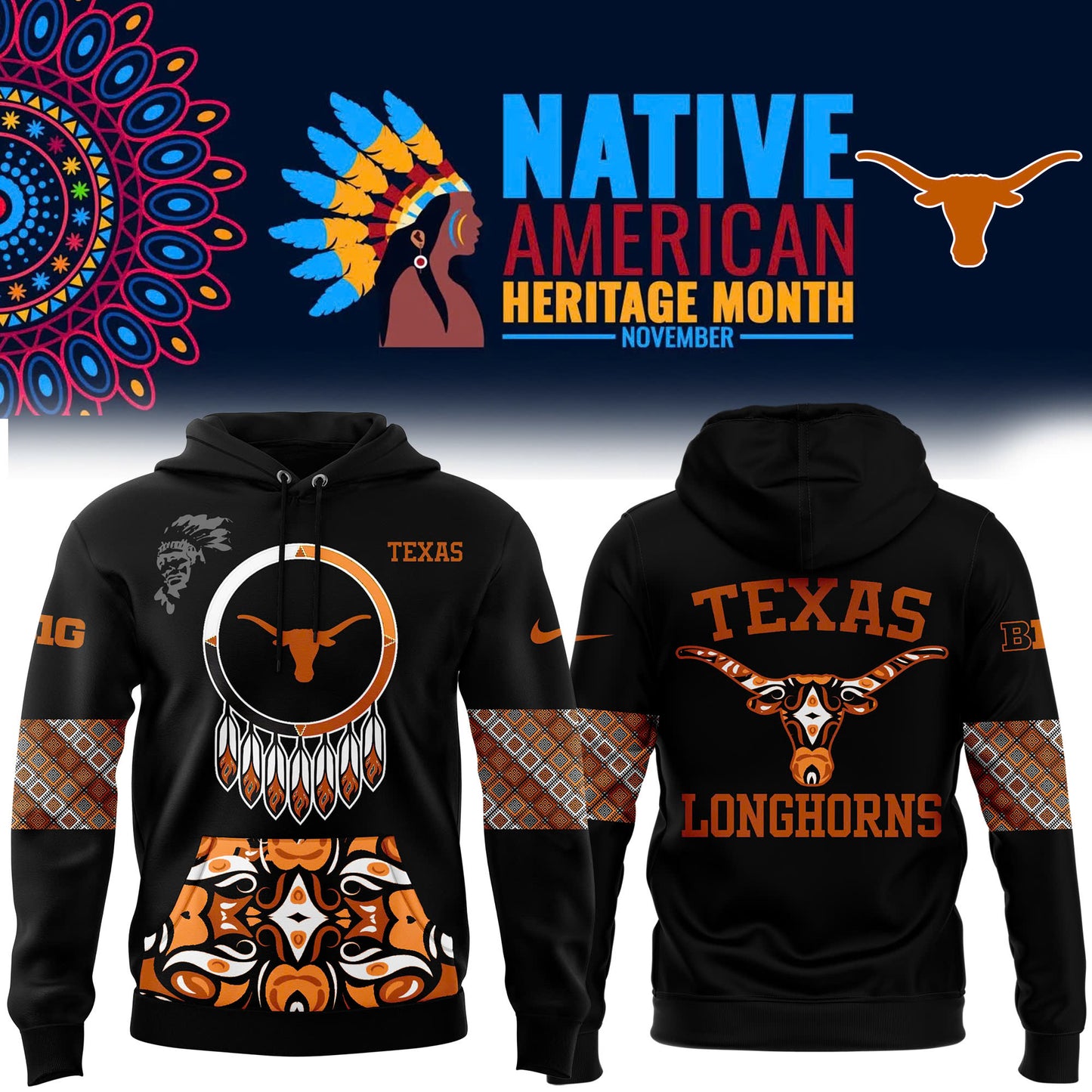 FULL TEAMS NCAA Football Nike 2024 Native American Heritage Month Premium Limited Pullover Hoodie Collection