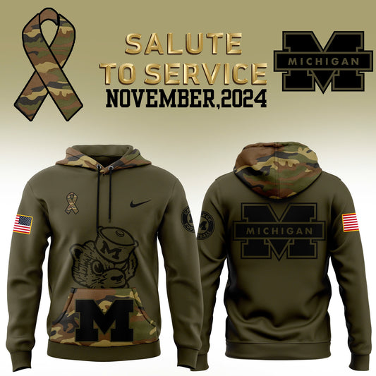 Unisex’s Black Michigan Wolverines football Nike Camo 2024 Salute to Service Club Fleece Pullover Hoodie