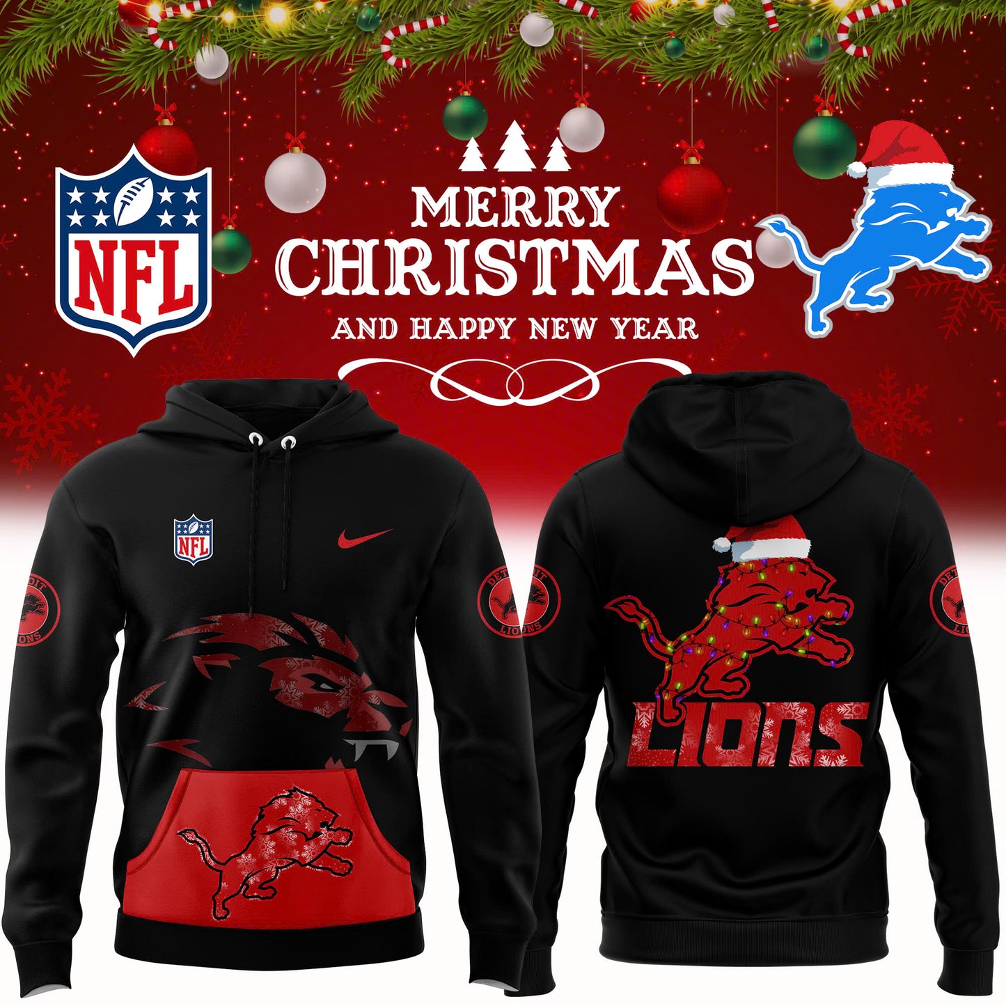 Detroit Lions Christmas 2024 Hoodie x Bobble Hat