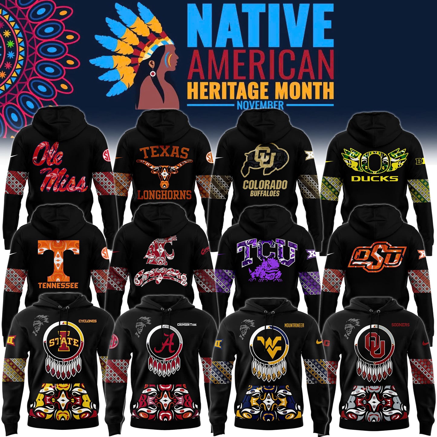 FULL TEAMS NCAA Football Nike 2024 Native American Heritage Month Premium Limited Pullover Hoodie Collection