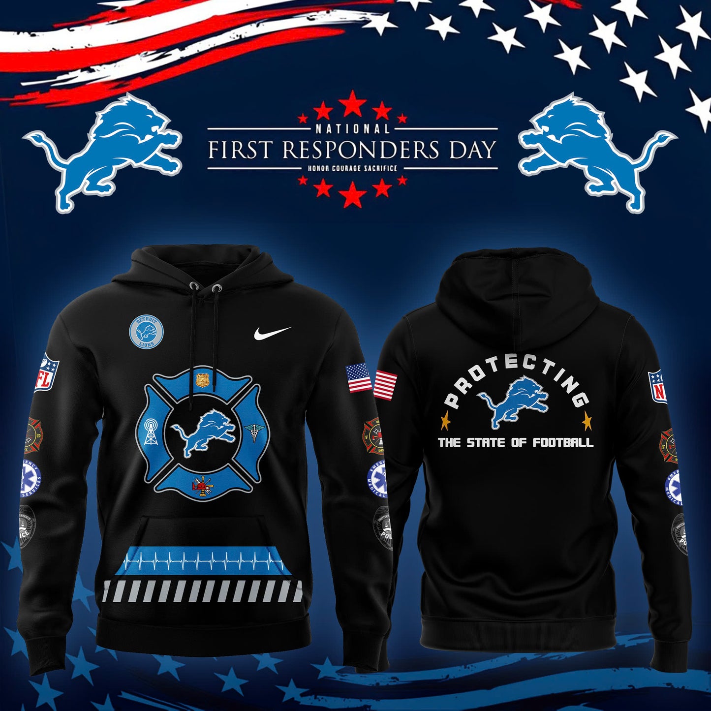 Men’s Detroit Lions 2024 First Responders Day Premium Limited Pullover Hoodie