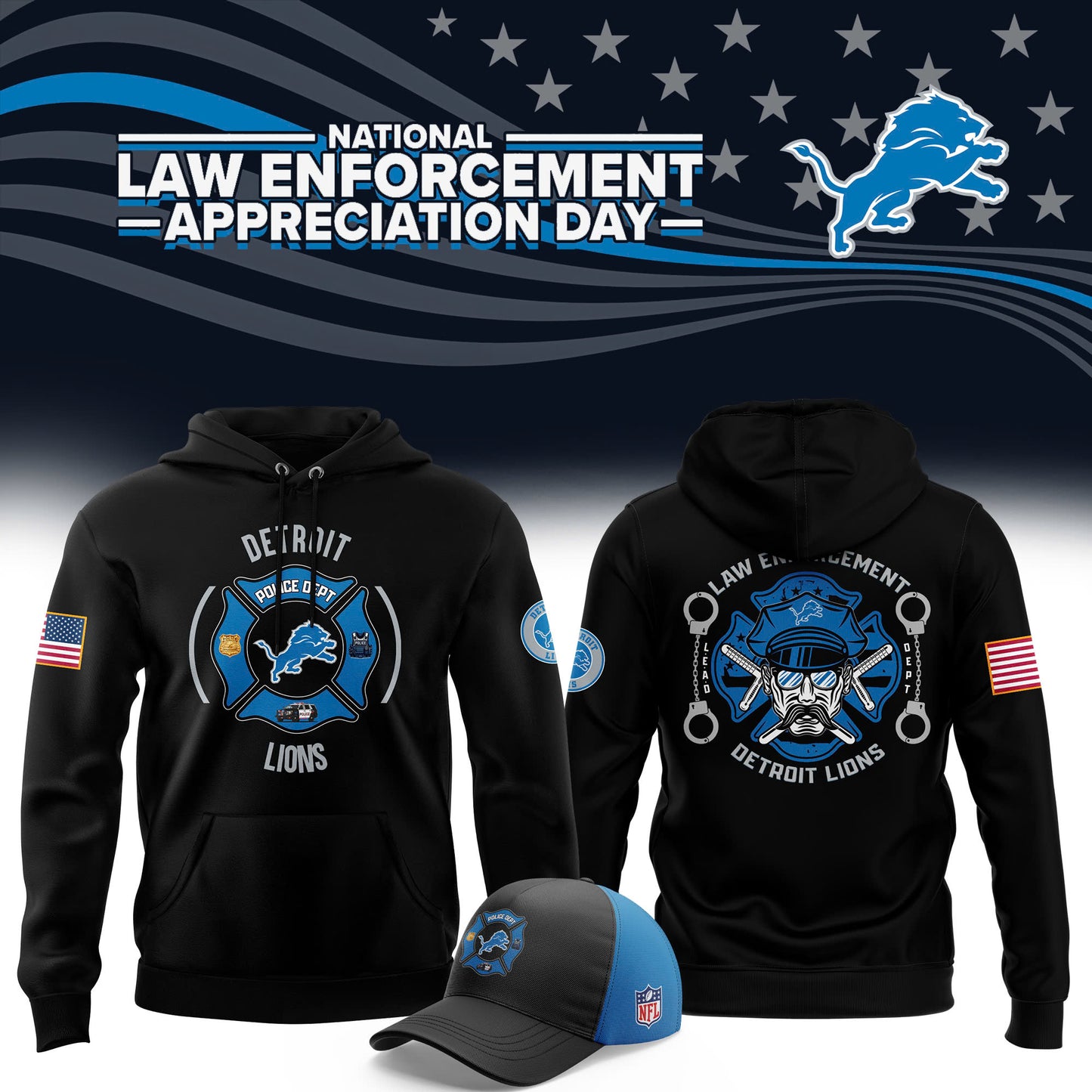 Men’s Detroit Lions 2024 First Responders Law Enforcement Appreciation Day Premium Limited Pullover Hoodie