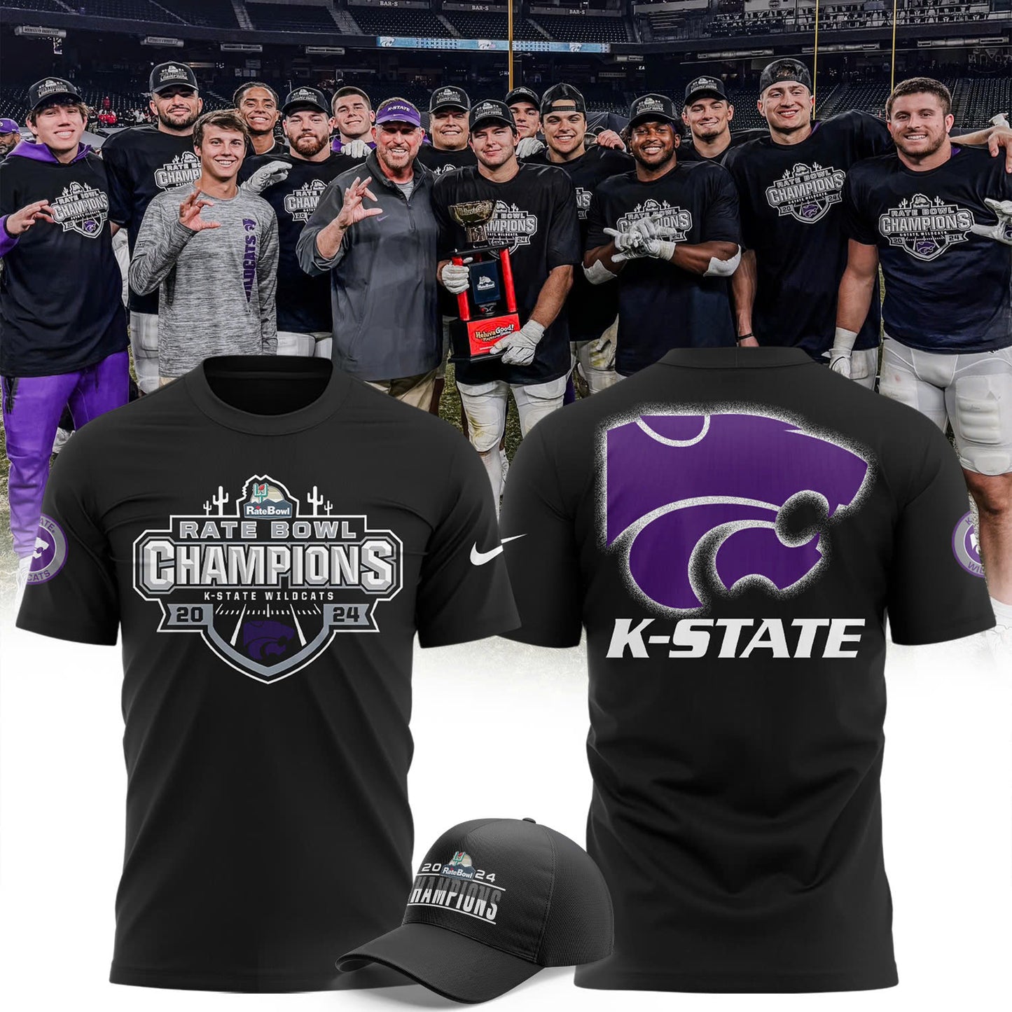 Kansas State Wildcats Football 2024 Rate Bowl Champions Short Sleeve Shirt